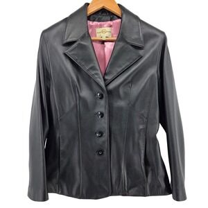 Wilsons Leather Black Leather Blazer Jacket Button Up Women's Size L Pink Lining